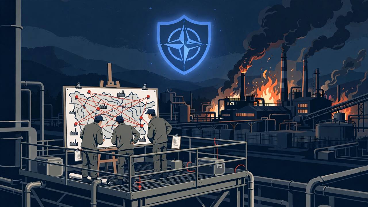 Editorial illustration of a Romanian industrial platform at night with fire glow, investigators and a map board with red pins suggesting a sabotage network