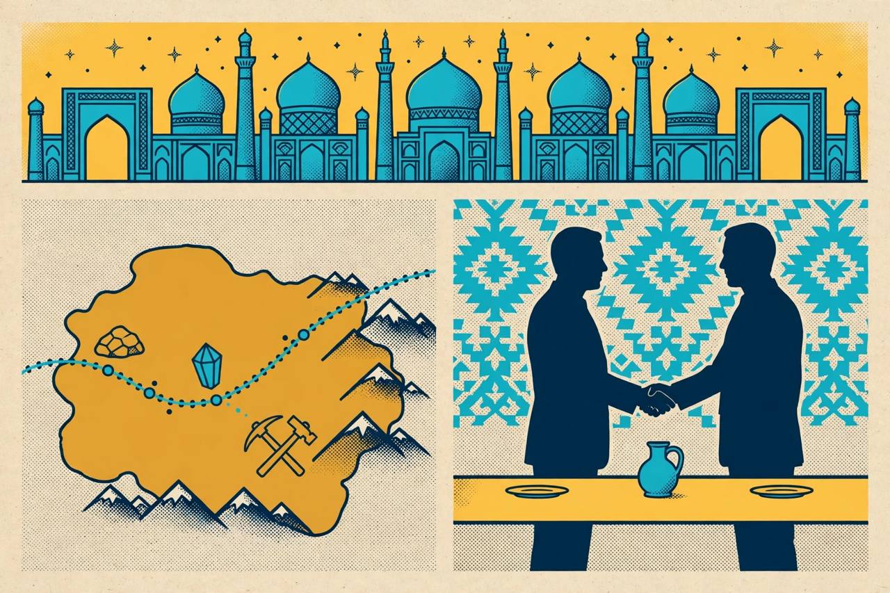 Editorial illustration of Samarkand's turquoise domes, generic diplomats at a table and a trade route crossing a stylised Central Asia map