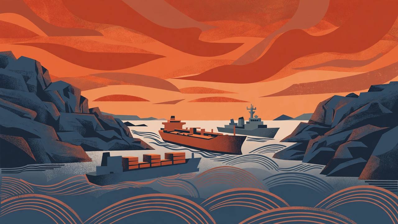 Editorial illustration of cargo ships and an oil tanker passing through a narrow strait between rocky headlands at dusk, escorted by a grey naval ship, flat editorial style, no text and no people's faces