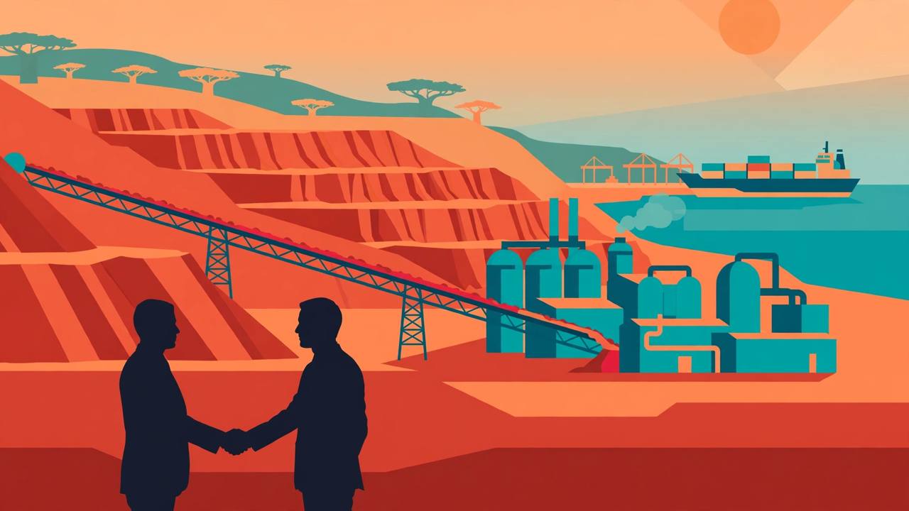 Editorial illustration of a West African bauxite mine with red earth terraces, a conveyor belt, a processing plant and a cargo ship at a port