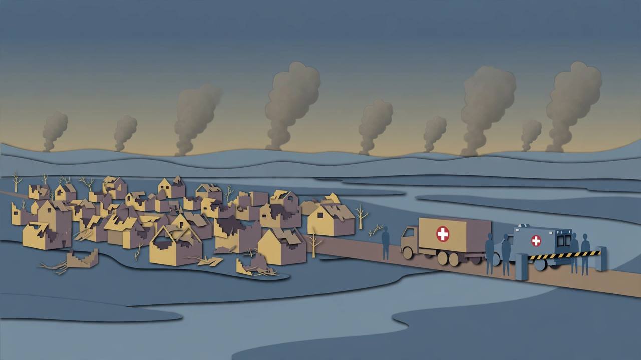 Editorial illustration of a riverside frontline town with an aid truck waiting at a checkpoint