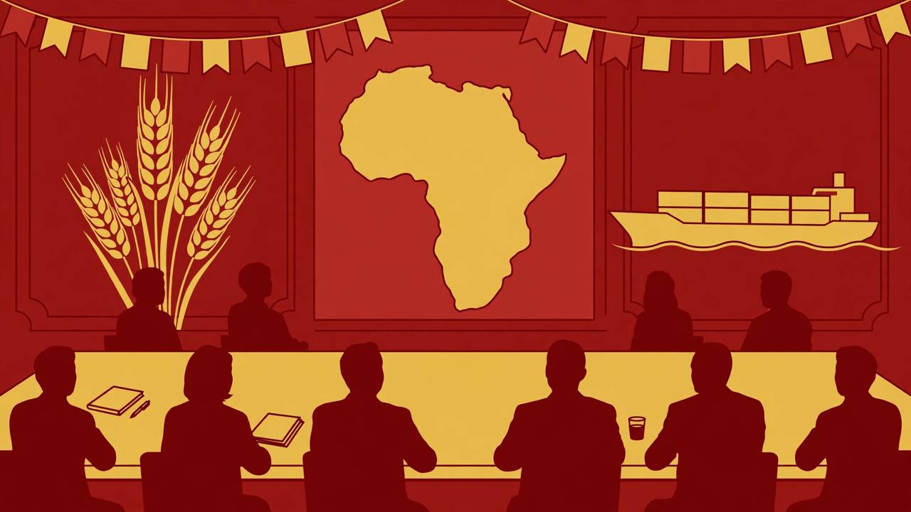 Editorial illustration of a summit table with delegates, a map of Africa, wheat and a cargo ship