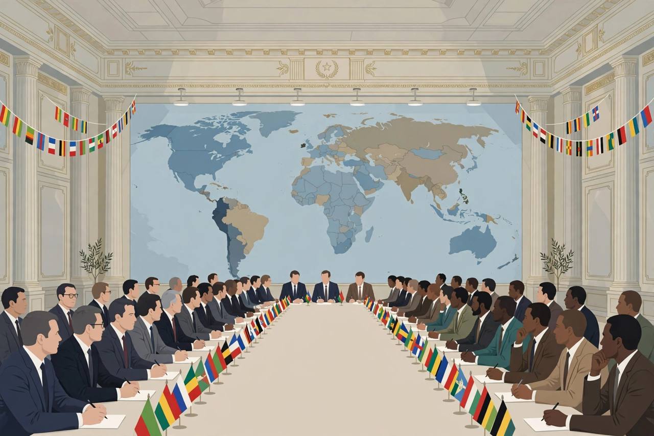 Editorial illustration of generic delegates around a long summit table with small flags and a world map, symbolising the Russia-Africa Summit in Moscow