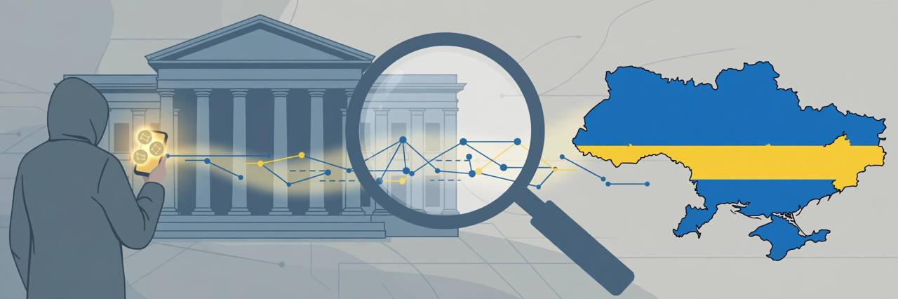 Editorial illustration: generic figure with a phone before a courthouse, magnifying glass over a digital transaction trail leading to a map of Ukraine