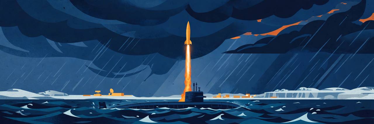 Editorial illustration of a submarine launching a ballistic missile at night in a northern sea