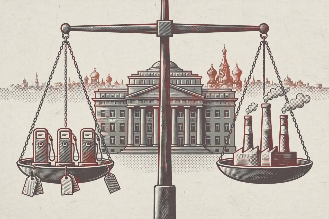 Editorial illustration of a stylised central bank building with a perfectly level balance scale, fuel pumps and price tags on one side — flat style, no real person depicted