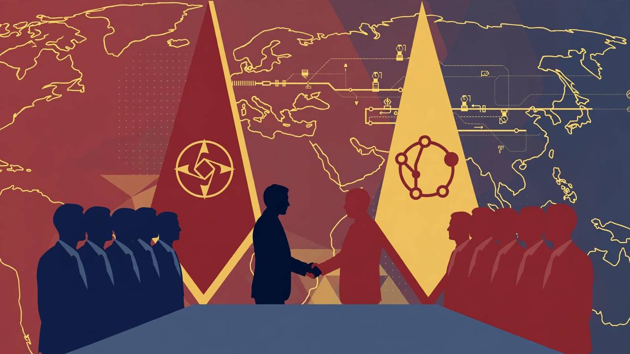 Editorial illustration of two generic diplomatic delegations shaking hands across a table with generic flags and a Eurasian map, flat style, no text, no real person depicted