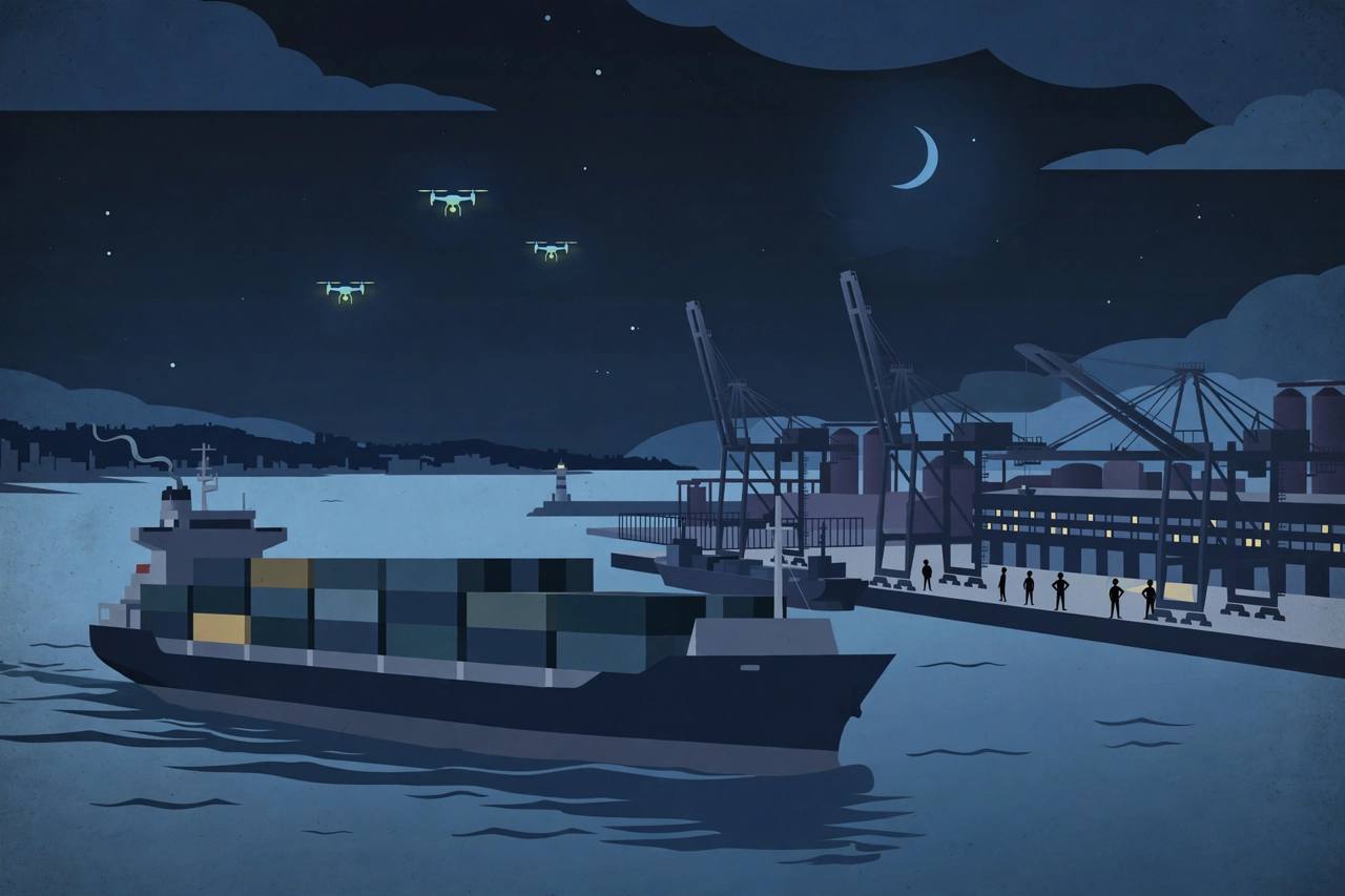 Editorial illustration of a cargo ship approaching a Black Sea port at night, with cranes, a logistics terminal and drones in the distant sky