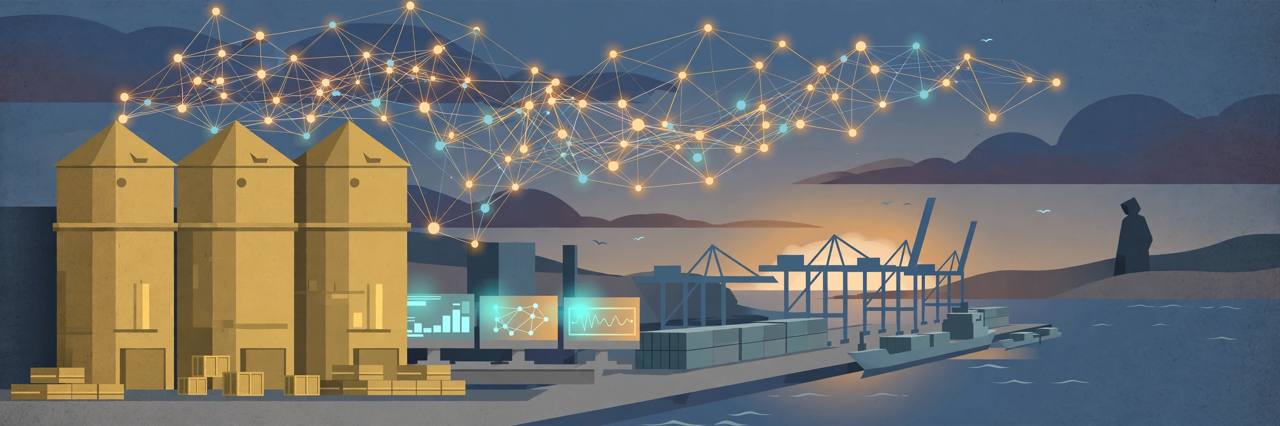 Editorial illustration of grain silos and a port terminal under a mesh network of glowing nodes — no real place or person depicted