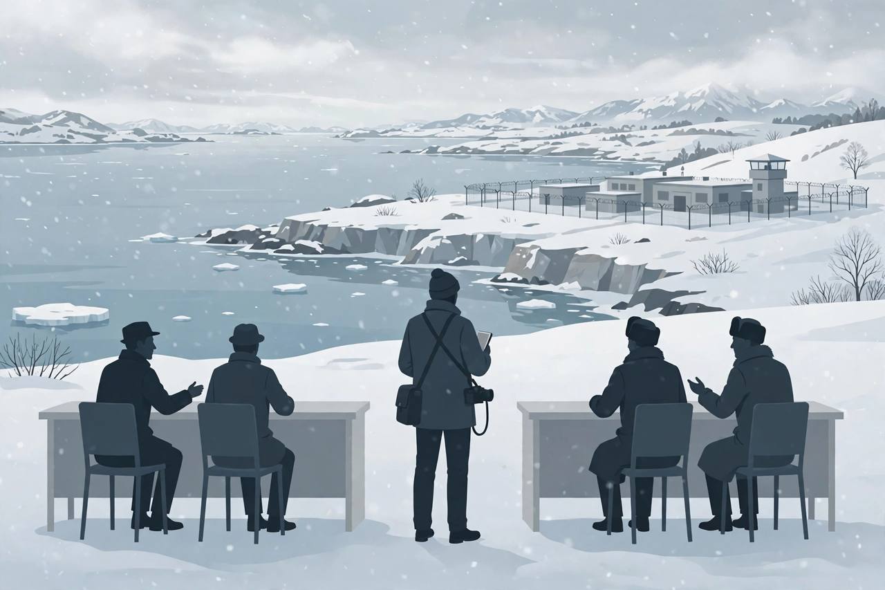 Editorial illustration of a generic press journalist with a notebook and camera between diplomatic tables, with a snowy far-eastern island coastline in the background