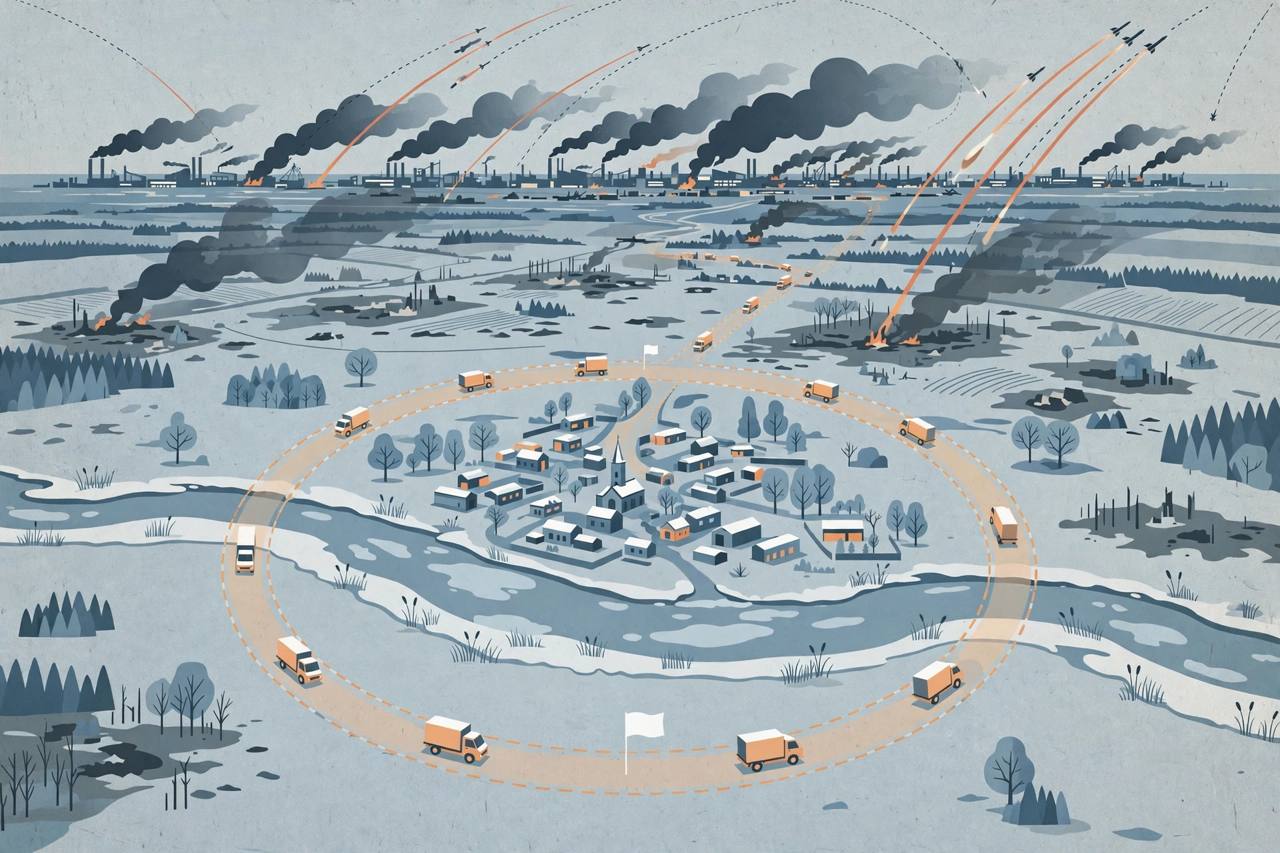 Editorial illustration of a small riverside town inside a calm humanitarian corridor while distant strikes light up industrial cities on a winter horizon