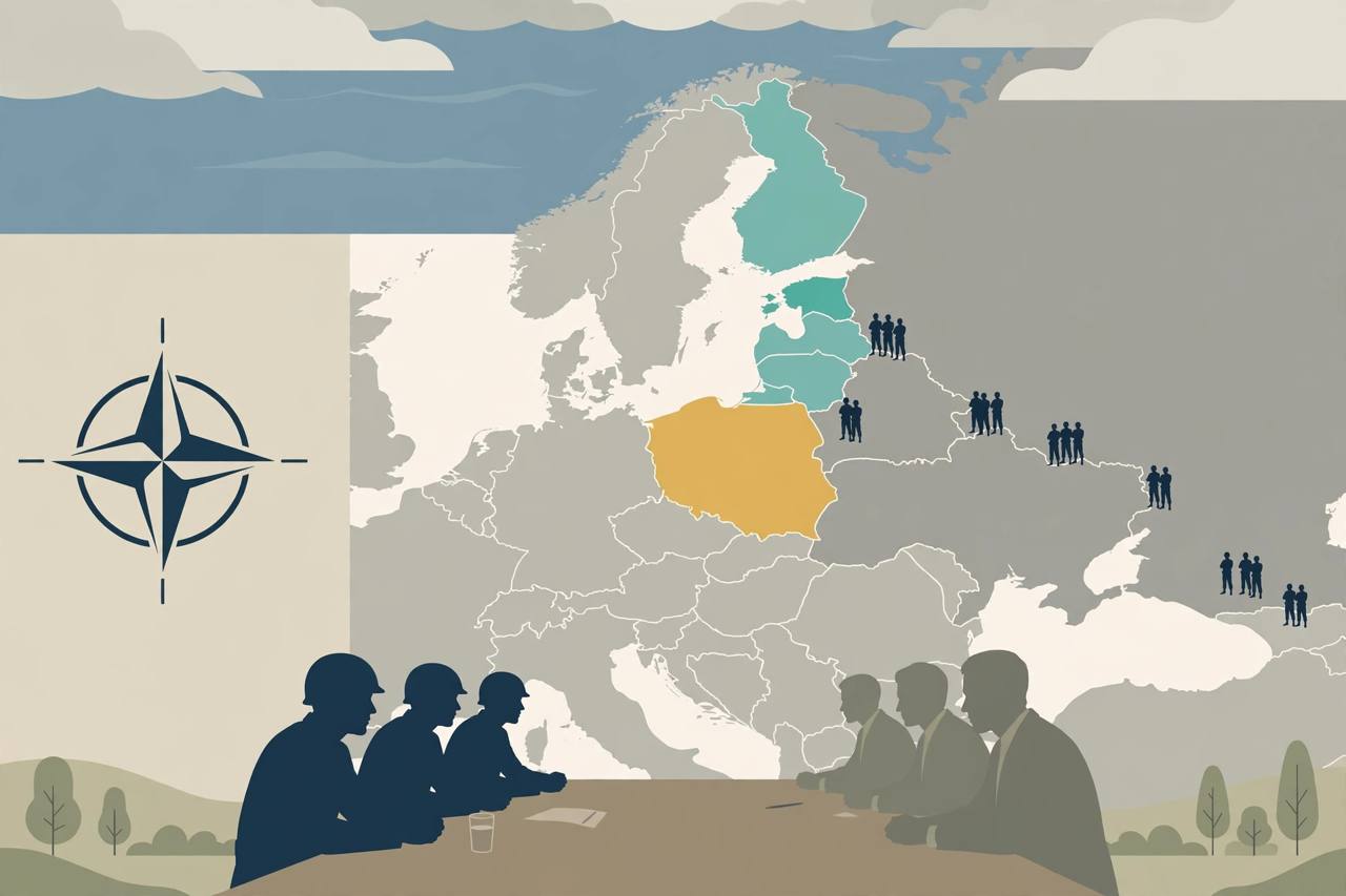 Editorial illustration of a map of Eastern Europe with NATO symbols and a negotiating table