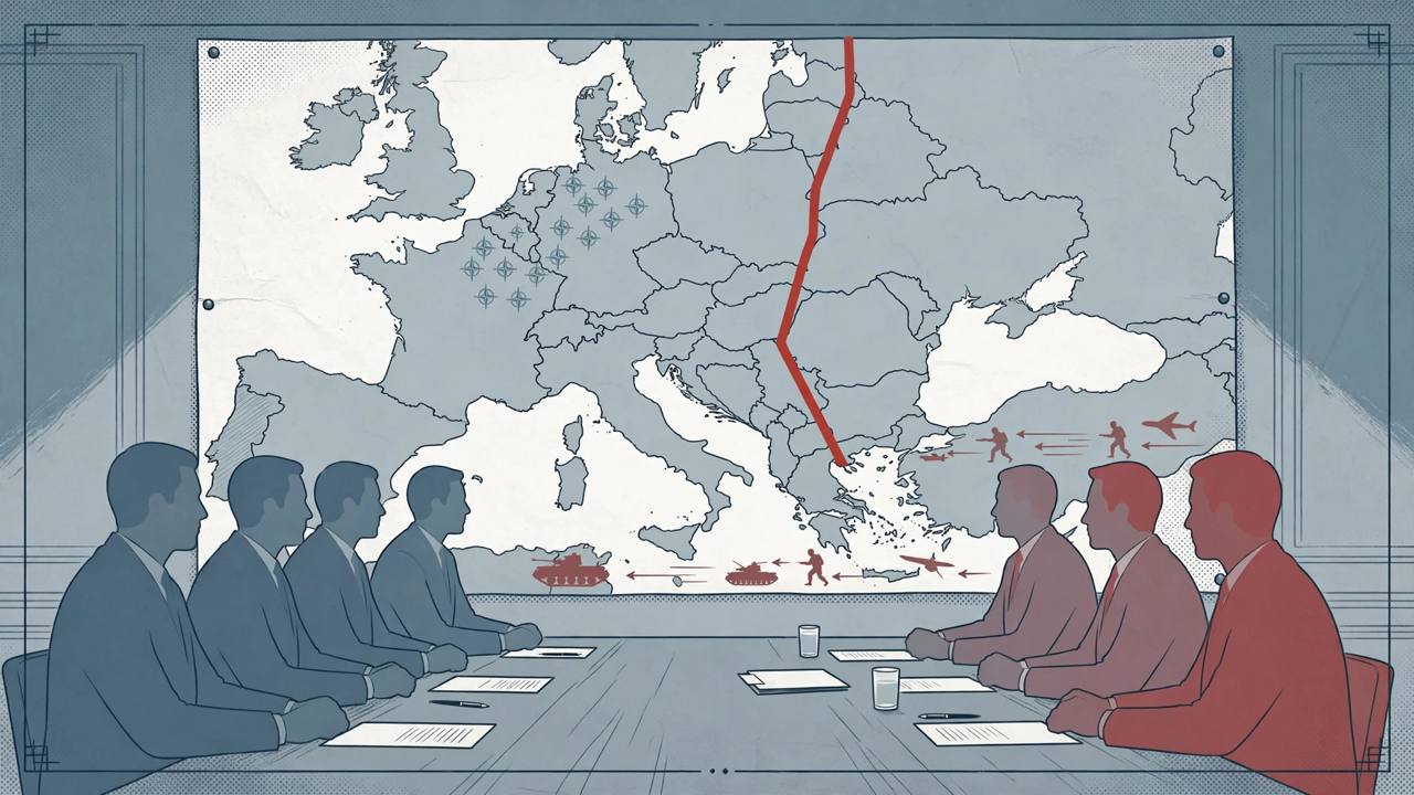 Editorial illustration of generic diplomats negotiating over a map of Eastern Europe with a 1997 line