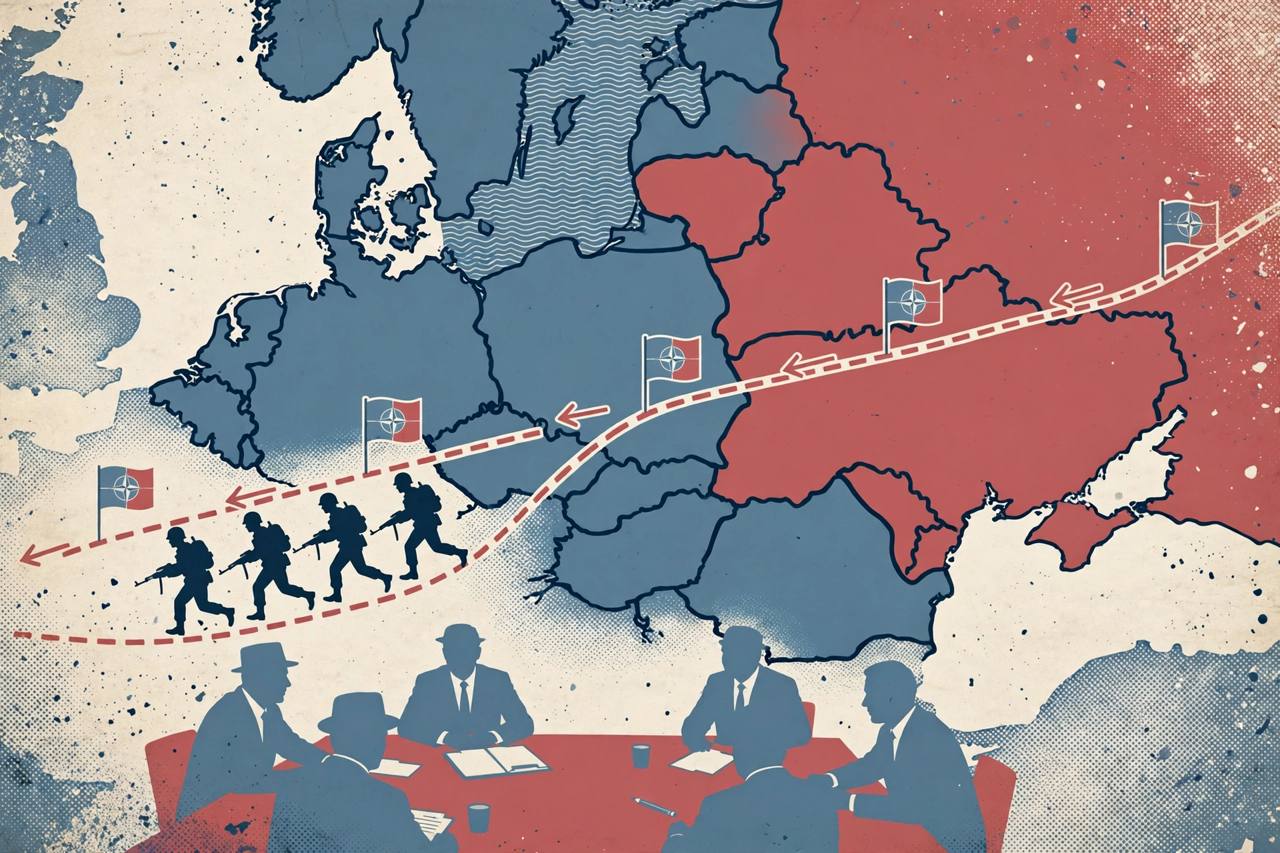 Editorial illustration of generic NATO markers being pulled back westwards across a map of Eastern Europe towards a dashed 1997 line, with generic diplomats at a negotiation table