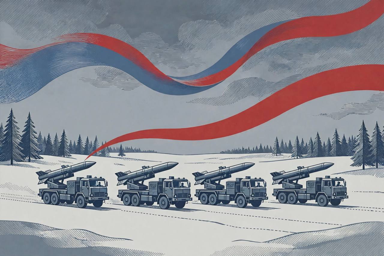 Mobile missile launcher trucks on a snowy plain at dusk with abstract ribbons above, flat editorial illustration