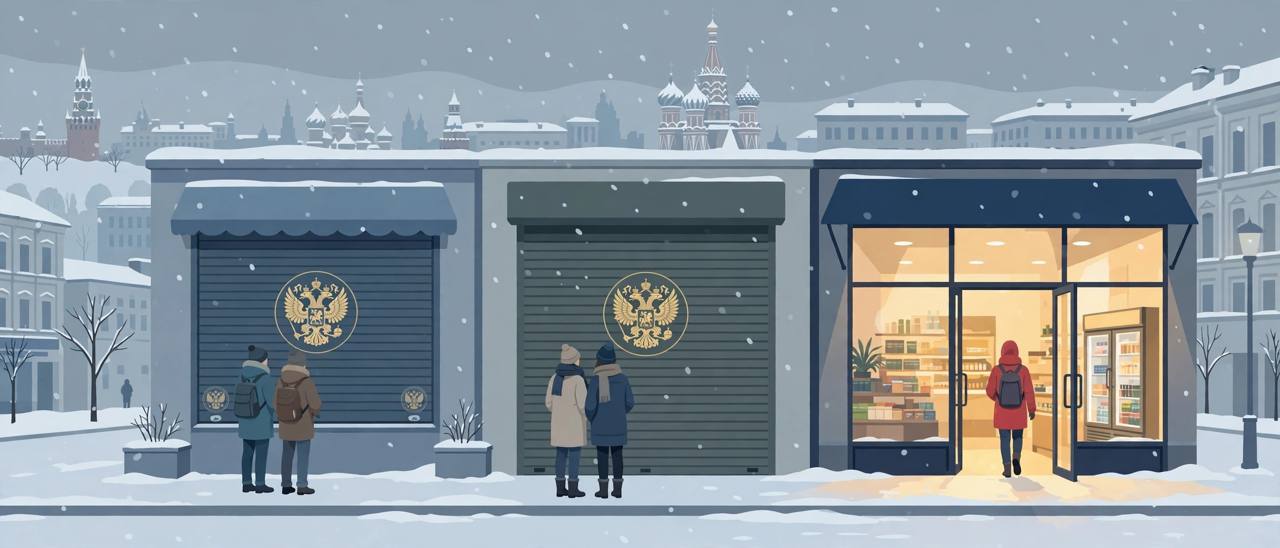 Editorial illustration of European storefronts shuttered in Moscow while an American storefront stays open