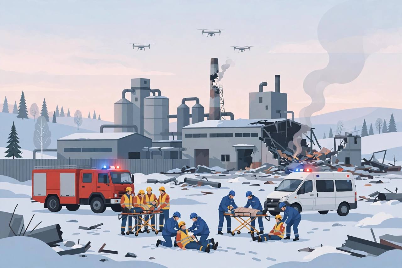 Editorial illustration of an industrial facility in a snowy northern region with drones in the sky and emergency vehicles nearby