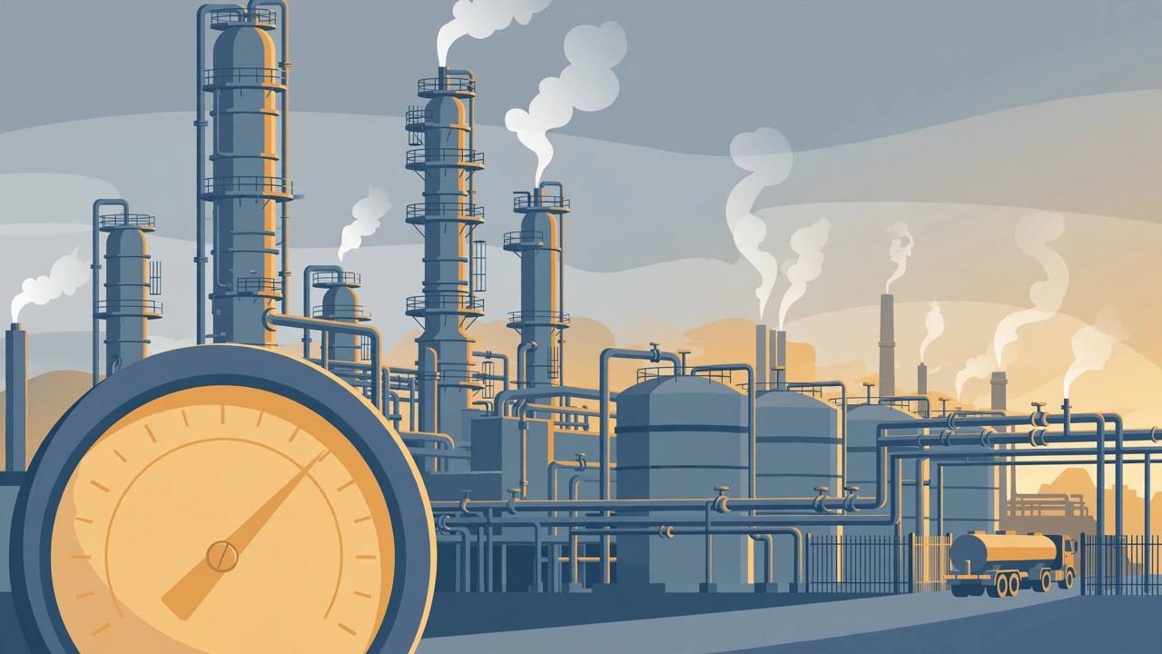 Editorial illustration: an oil refinery with distillation towers and storage tanks restarting at dawn, steam rising, with a large pressure gauge in the foreground showing output climbing