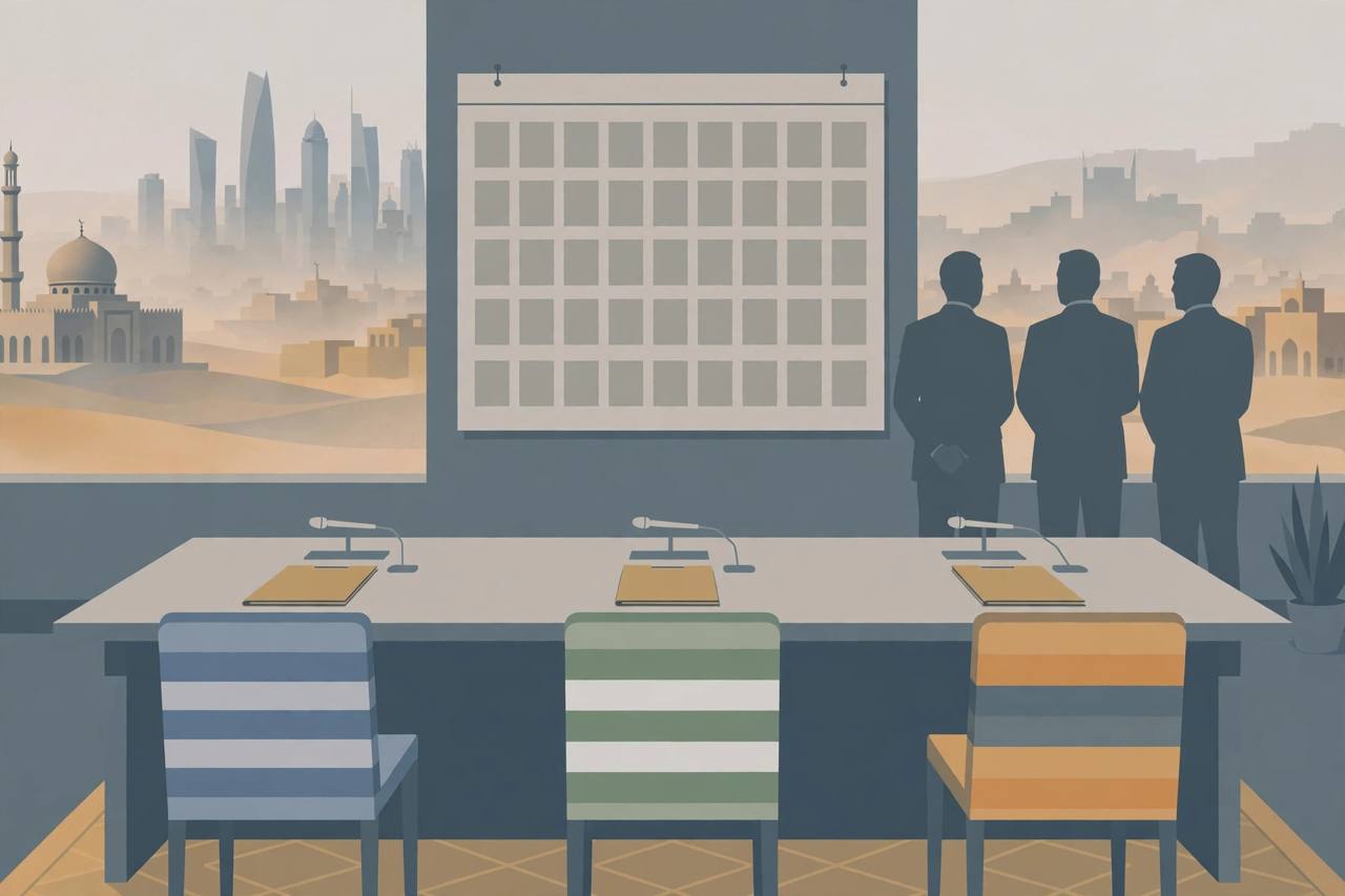 Editorial illustration of an empty three-delegation negotiating table with untouched folders and a blank calendar, generic figures only, no real person depicted