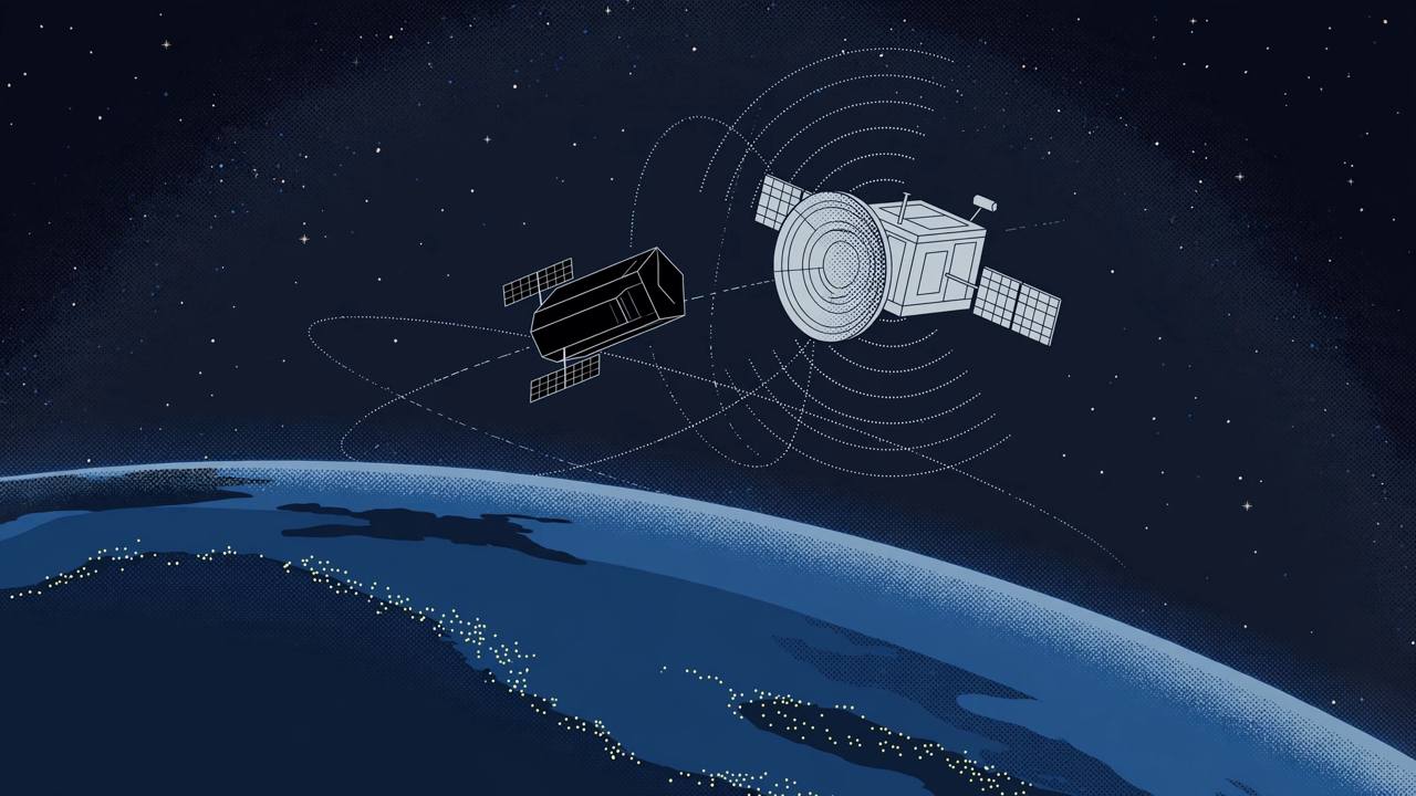 Editorial illustration of two generic satellites in low Earth orbit above a curved Earth at night, one dark satellite closing in near a lighter radar-imaging satellite, with faint radar tracking arcs, no real person's likeness