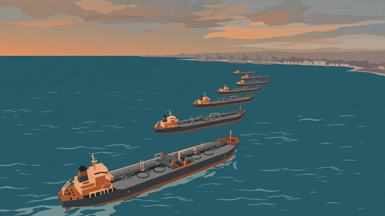 Editorial illustration of seven oil tankers sailing in a line across the Atlantic toward a distant port at dusk
