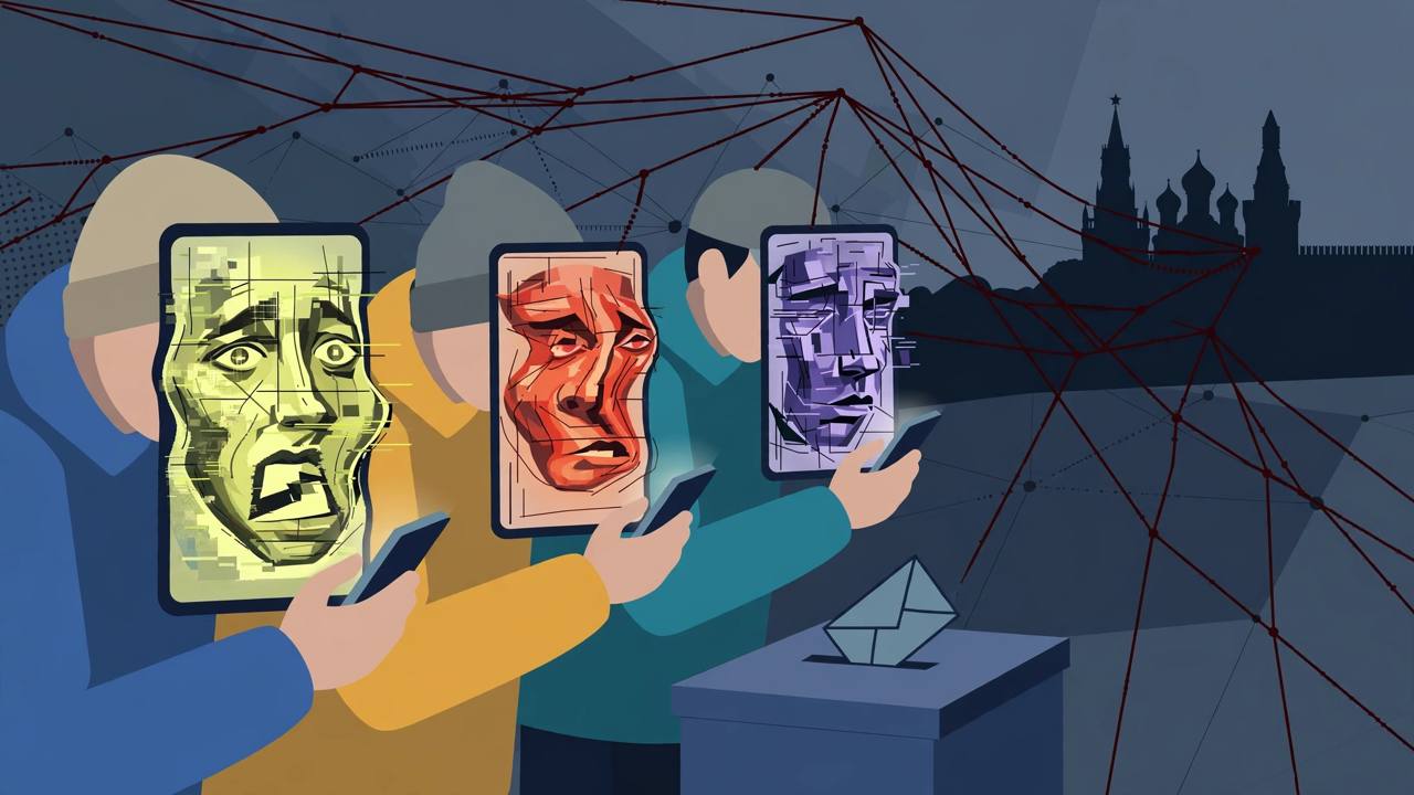 Editorial illustration of generic voters looking at smartphones showing distorted generic faces, with a ballot box and dark network lines spreading from a distant generic Kremlin-like silhouette