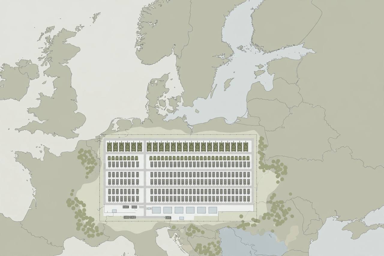 Editorial illustration of generic tanks and armoured vehicles parked in rows at a military storage depot seen from above, with a northern Europe map outline behind