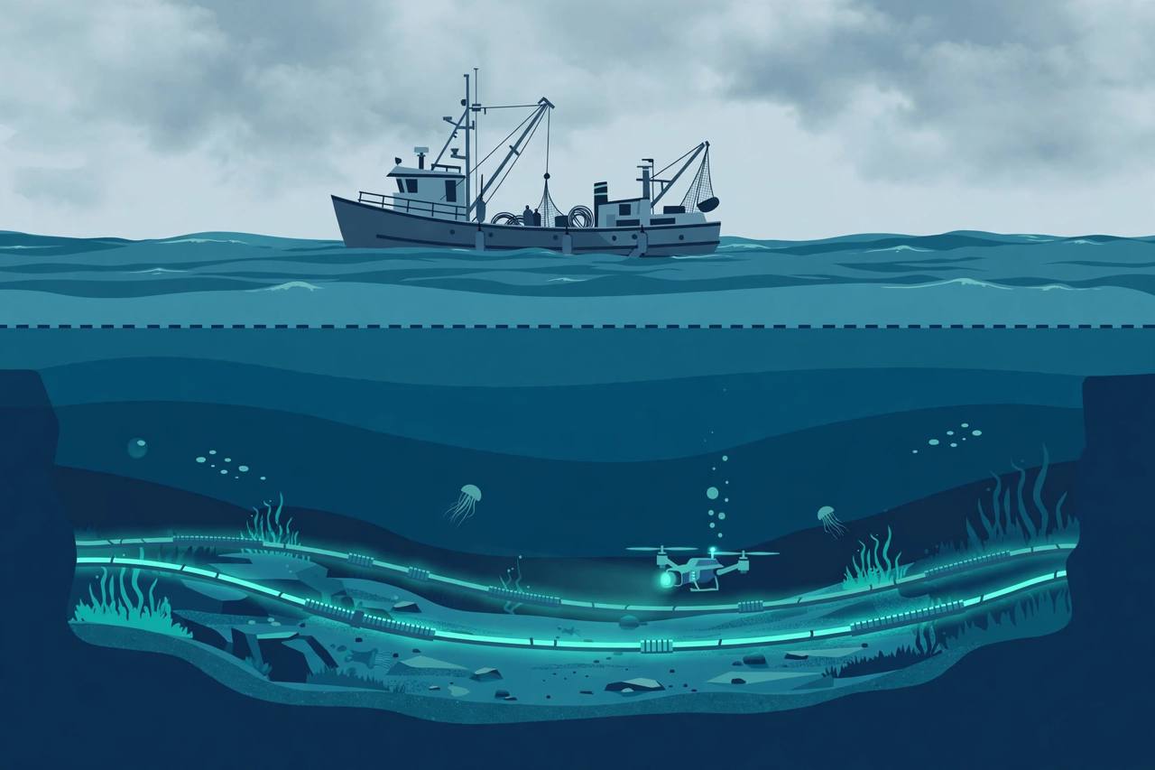Editorial illustration of a generic fishing trawler at sea with an underwater cross-section showing glowing undersea communication cables and a small underwater drone — no real vessel, flag or person depicted