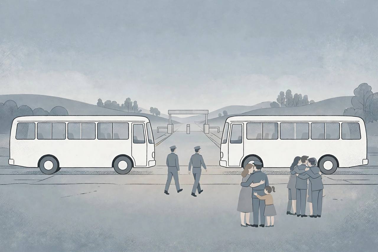 Editorial illustration of a prisoner exchange at a border crossing at dawn, with two buses and generic figures walking toward waiting families — flat style, no real person depicted