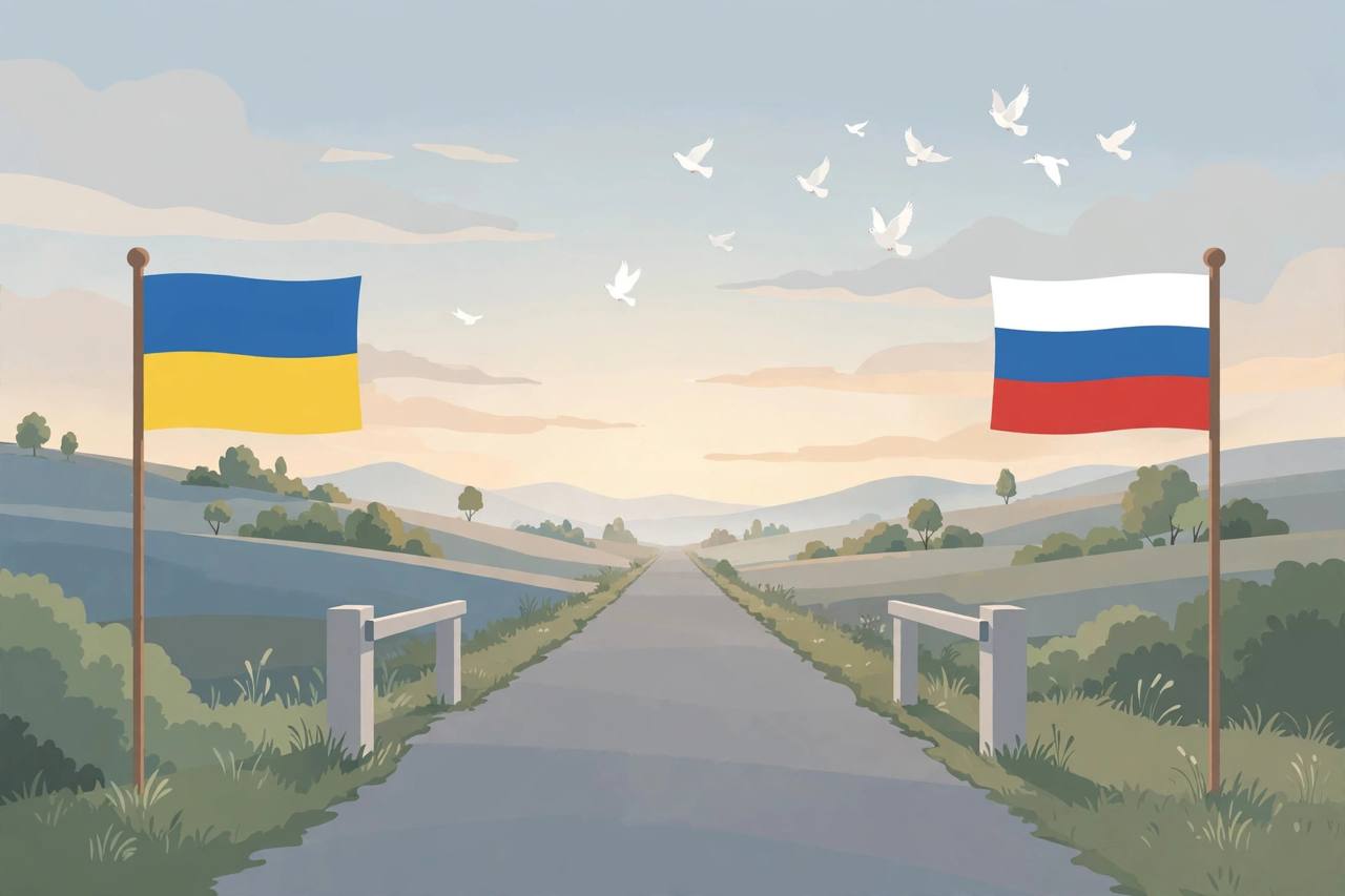 Editorial illustration of two generic flags at a quiet border crossing at dawn with white doves, flat style, no text, no bodies depicted, no real person depicted