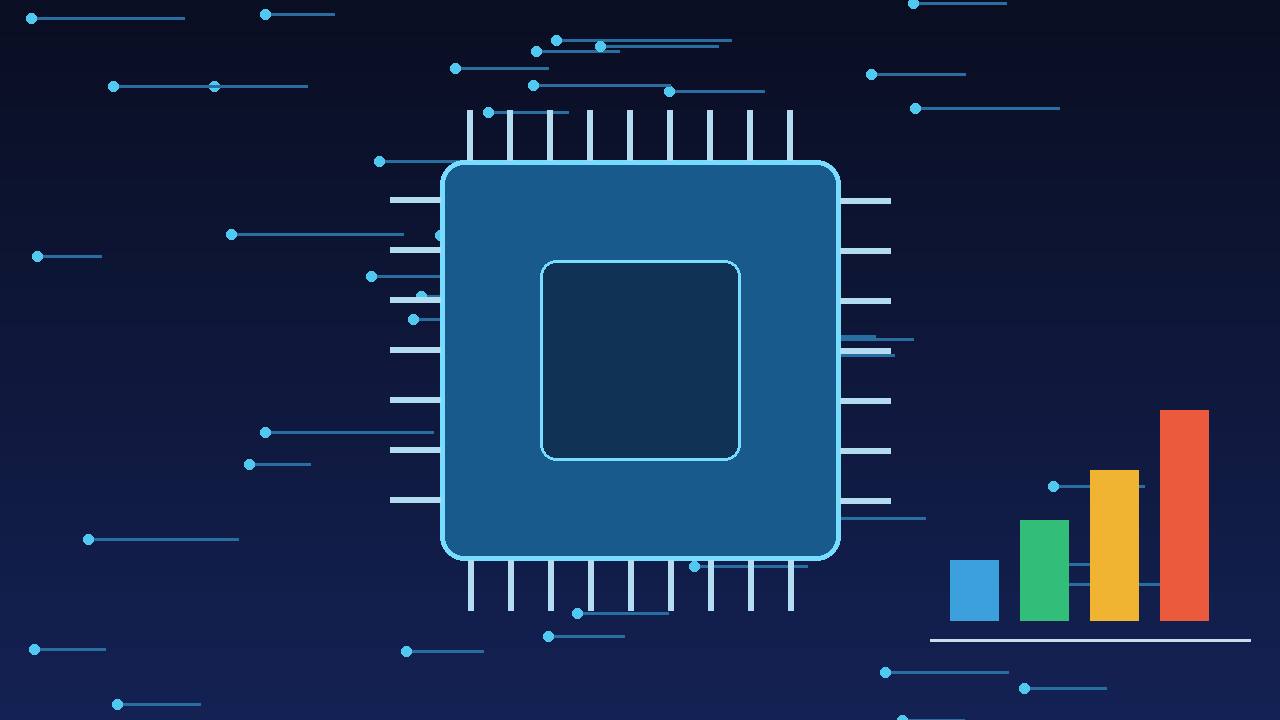 Editorial illustration of a large computer chip with circuit lines and rising bar charts