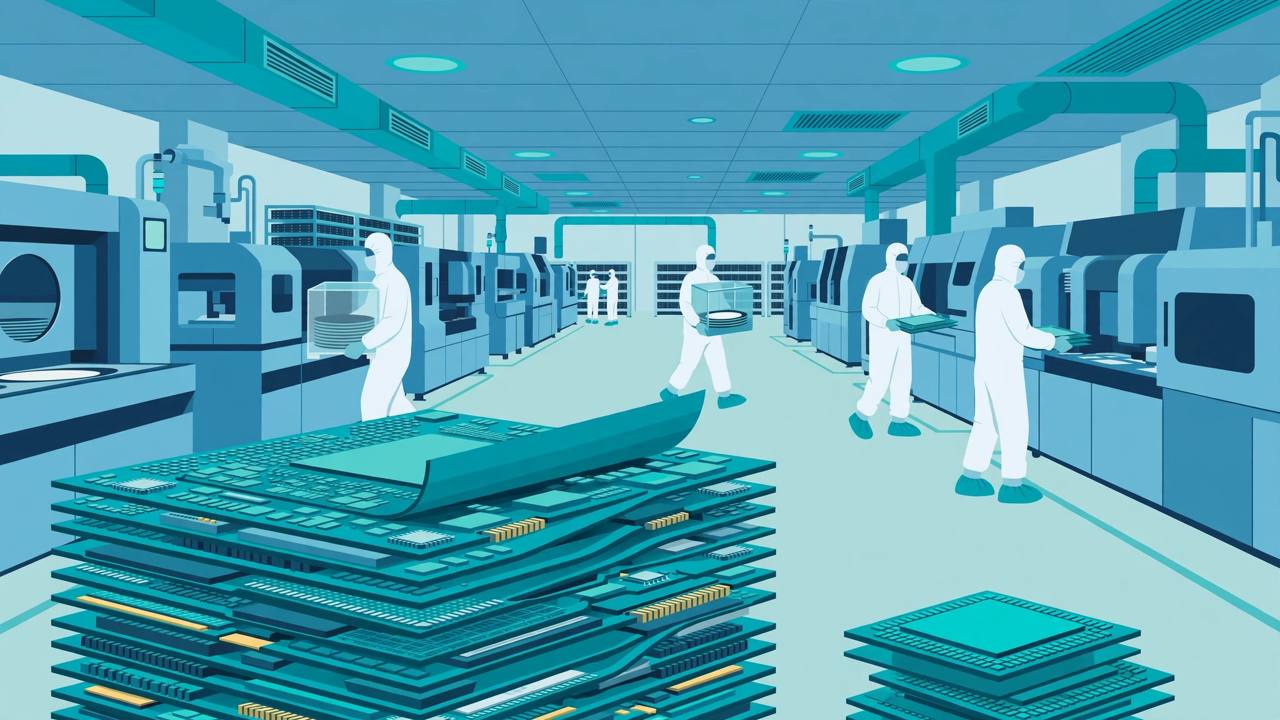Editorial illustration of a semiconductor cleanroom in China, with generic workers in white suits carrying silicon wafers and enlarged layered memory chips in the foreground