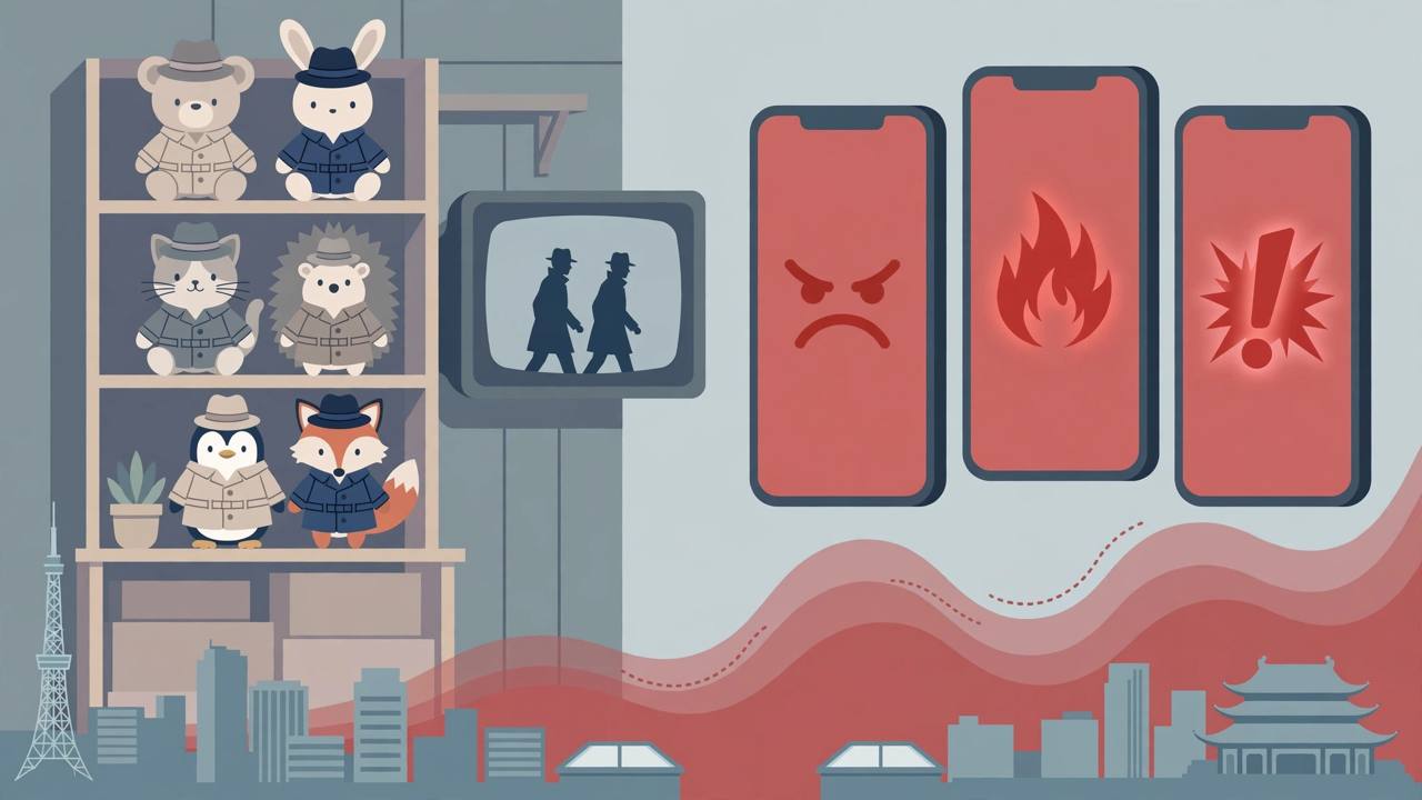 Flat editorial illustration of plush toys in spy coats on a toy shop shelf beside a television showing spy silhouettes and phones with angry reaction symbols
