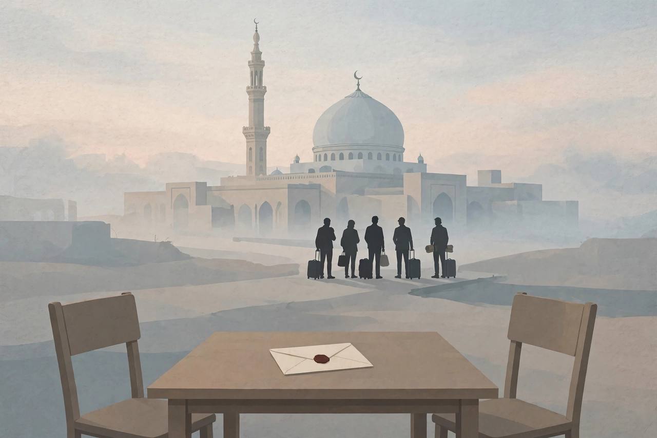 Editorial illustration of a mosque in Mecca at dawn with a diplomatic letter and generic migrant workers in the distance, respectful, no depiction of any execution, no real person's likeness