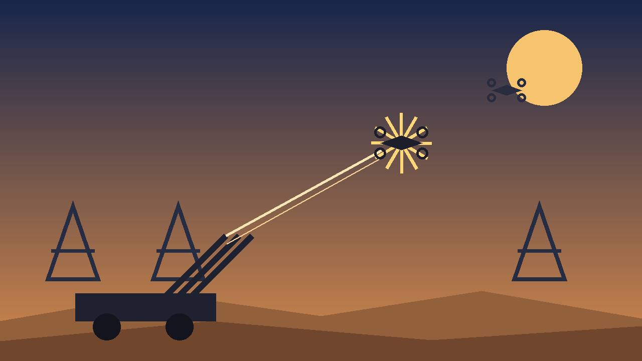 Editorial illustration of a generic air-defence launcher in desert dunes intercepting small drones at dusk, flat style, no text, no real person depicted