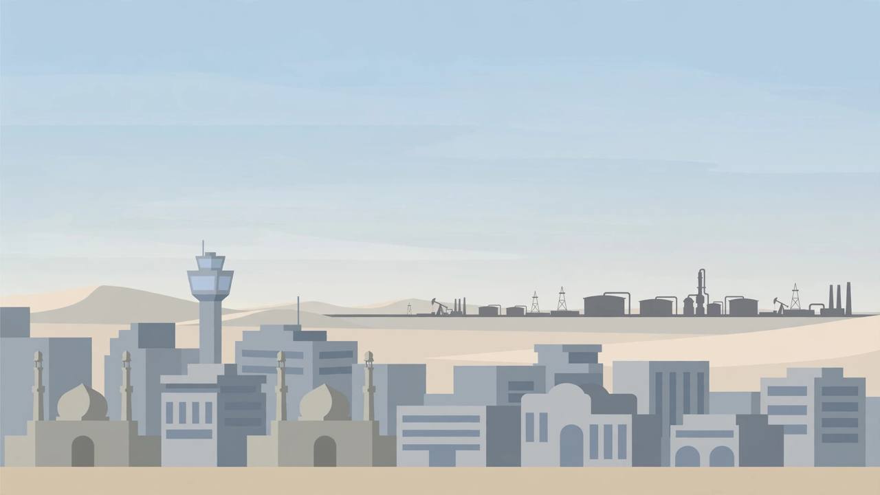 Editorial illustration of a generic Saudi desert city skyline at dawn with an airport tower in the distance, no incident shown