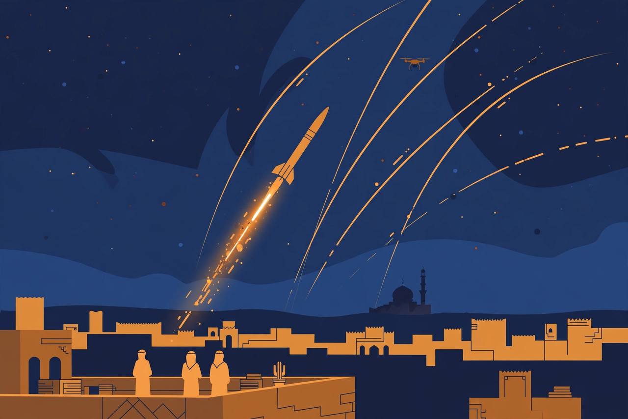 An air-defence interceptor streaks towards a drone over a generic Arabian city at night. (Editorial illustration)