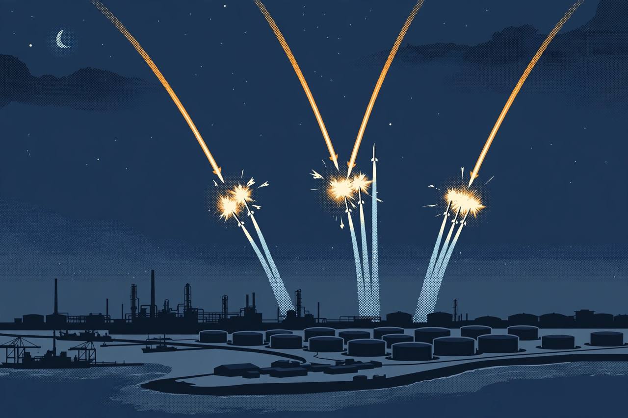 Editorial illustration of air-defence interceptor trails stopping incoming missiles over a Gulf oil-region coastline at night