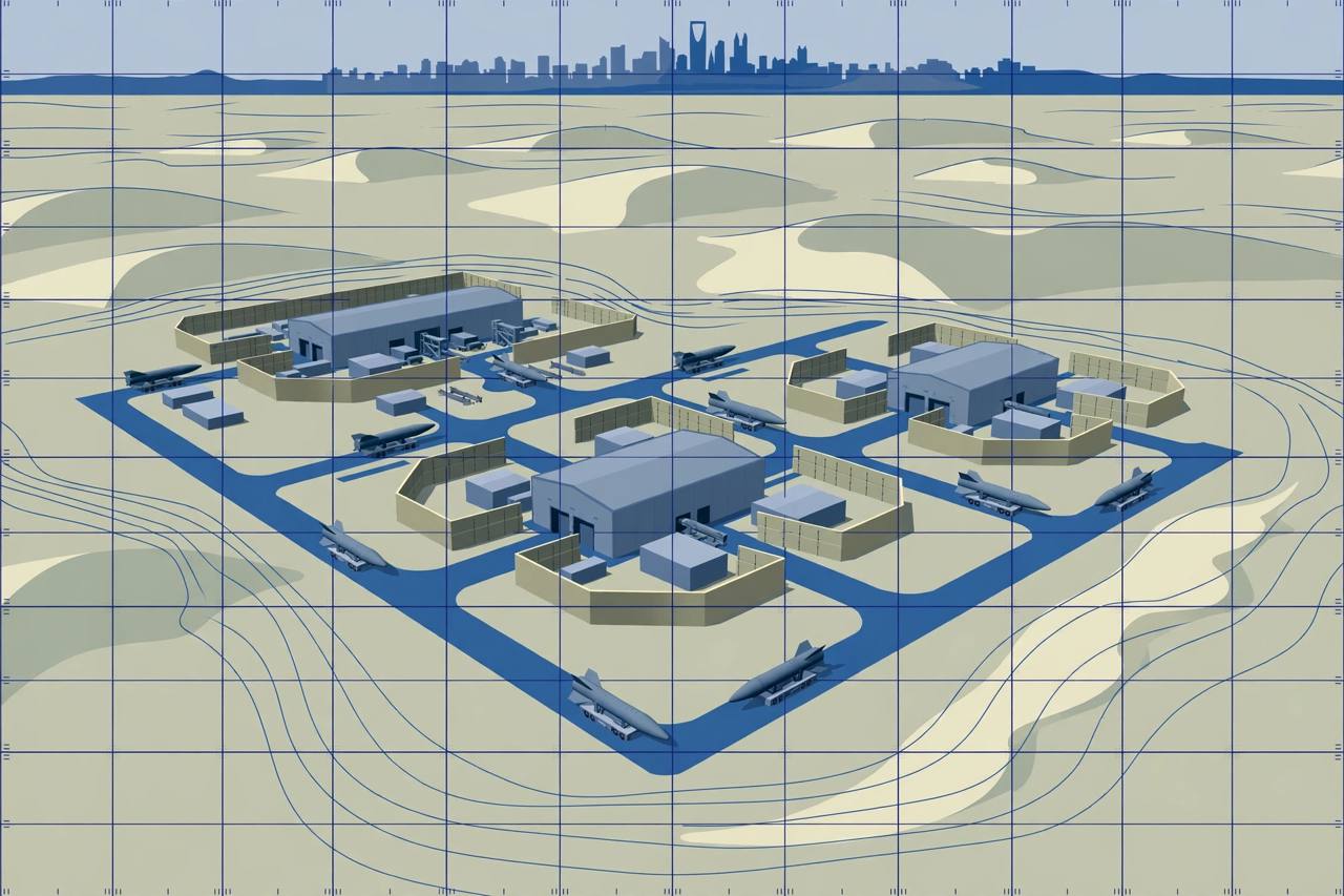 Editorial illustration of a generic desert missile production complex with large industrial buildings and blast walls, satellite-view style