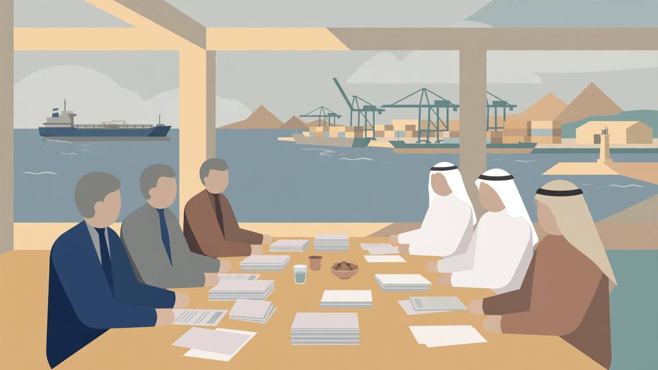 Editorial illustration of generic officials at a negotiating table with an oil tanker and Red Sea port behind them