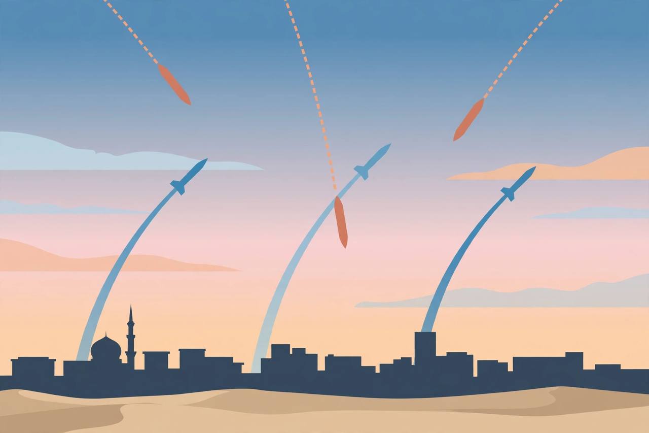 Editorial illustration of generic air-defence interceptor trails arcing over a generic Arabian city skyline at dawn, generic figures only