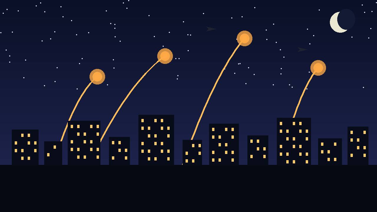 Editorial illustration of a generic Gulf city skyline at night with bright air-defence interceptor trails bursting high in the sky — no real place or incident depicted