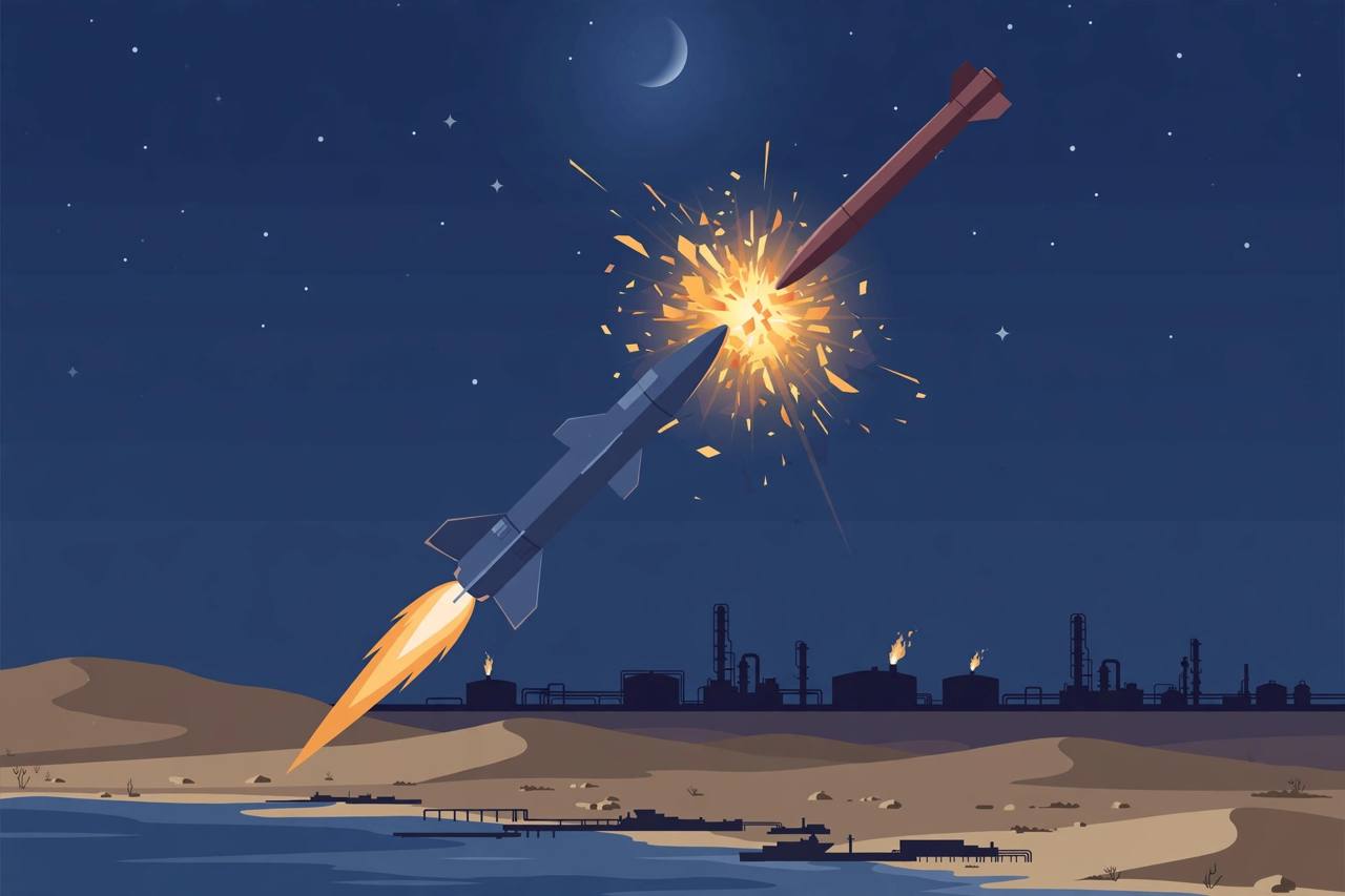 Editorial illustration of a generic air-defence interceptor bursting against an incoming missile in a night sky over a desert oil province coastline