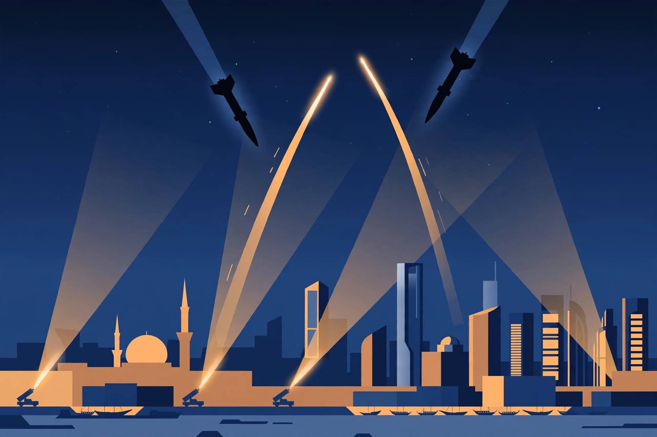 Editorial illustration of air defence interceptor trails arcing over a Gulf capital skyline at night toward two incoming missile silhouettes
