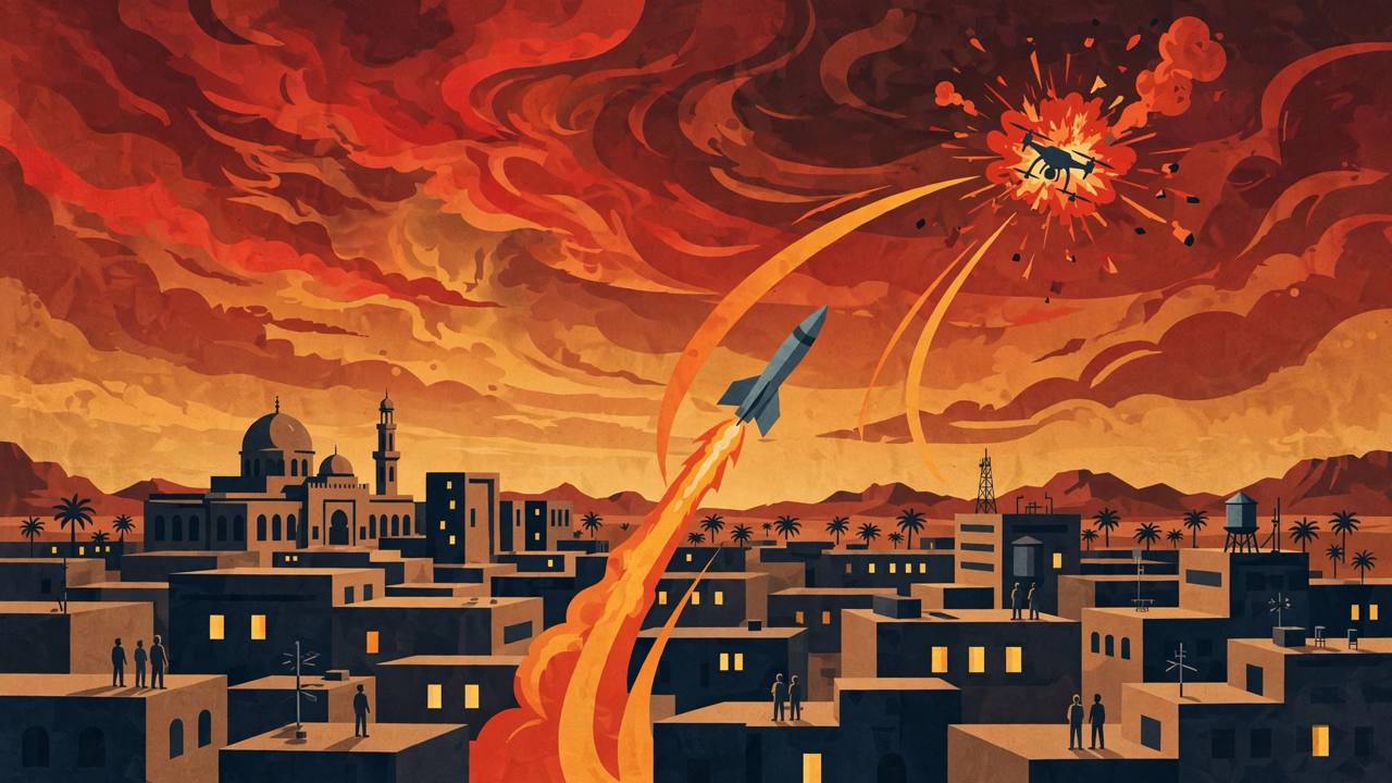 Editorial illustration of a capital city skyline at night with an air-defence interceptor bursting in the sky above it and a drone being intercepted