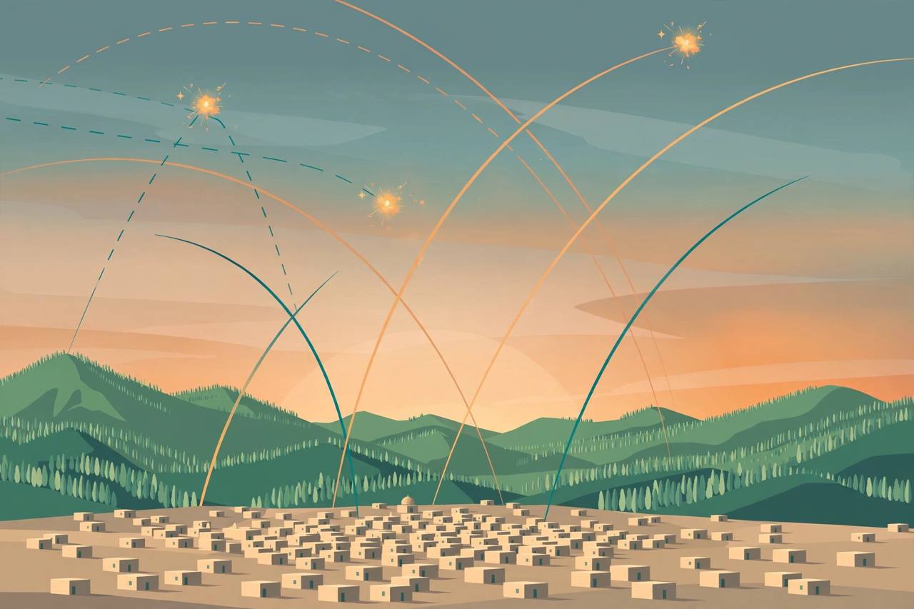 Editorial illustration of air defence interceptor trails arcing over a generic southern Saudi city at dawn, with mountains behind it and small interception bursts high in the sky — flat style, no real person depicted