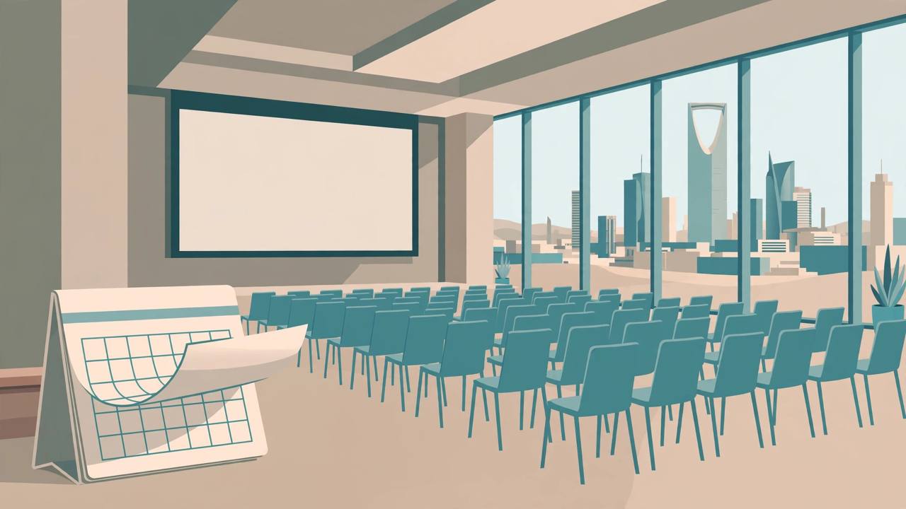 Editorial illustration of an empty conference hall in Riyadh with vacant chairs and the city skyline through tall windows — flat style, no real person depicted