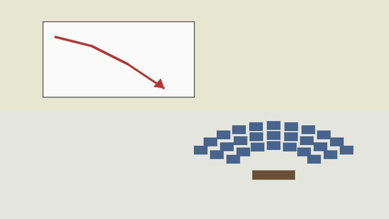 Editorial illustration of a falling bond chart beside abstract parliament seating — flat style, no person depicted