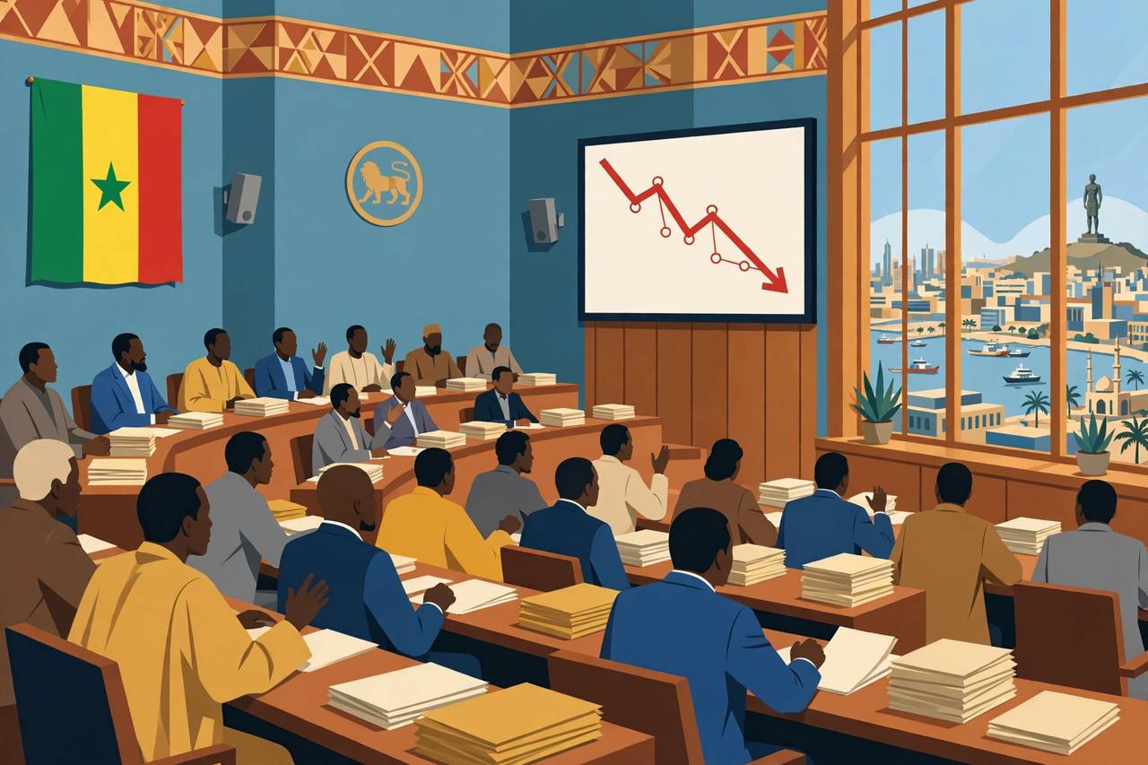 Editorial illustration of lawmakers debating a budget in Senegal's National Assembly in Dakar, with budget papers and a falling debt chart