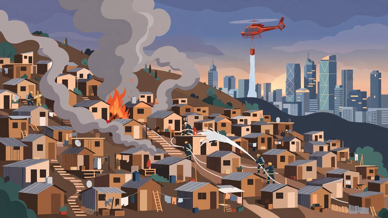 Firefighters battling a fire in a densely packed hillside shantytown in Seoul, with Gangnam skyscrapers behind (editorial illustration)